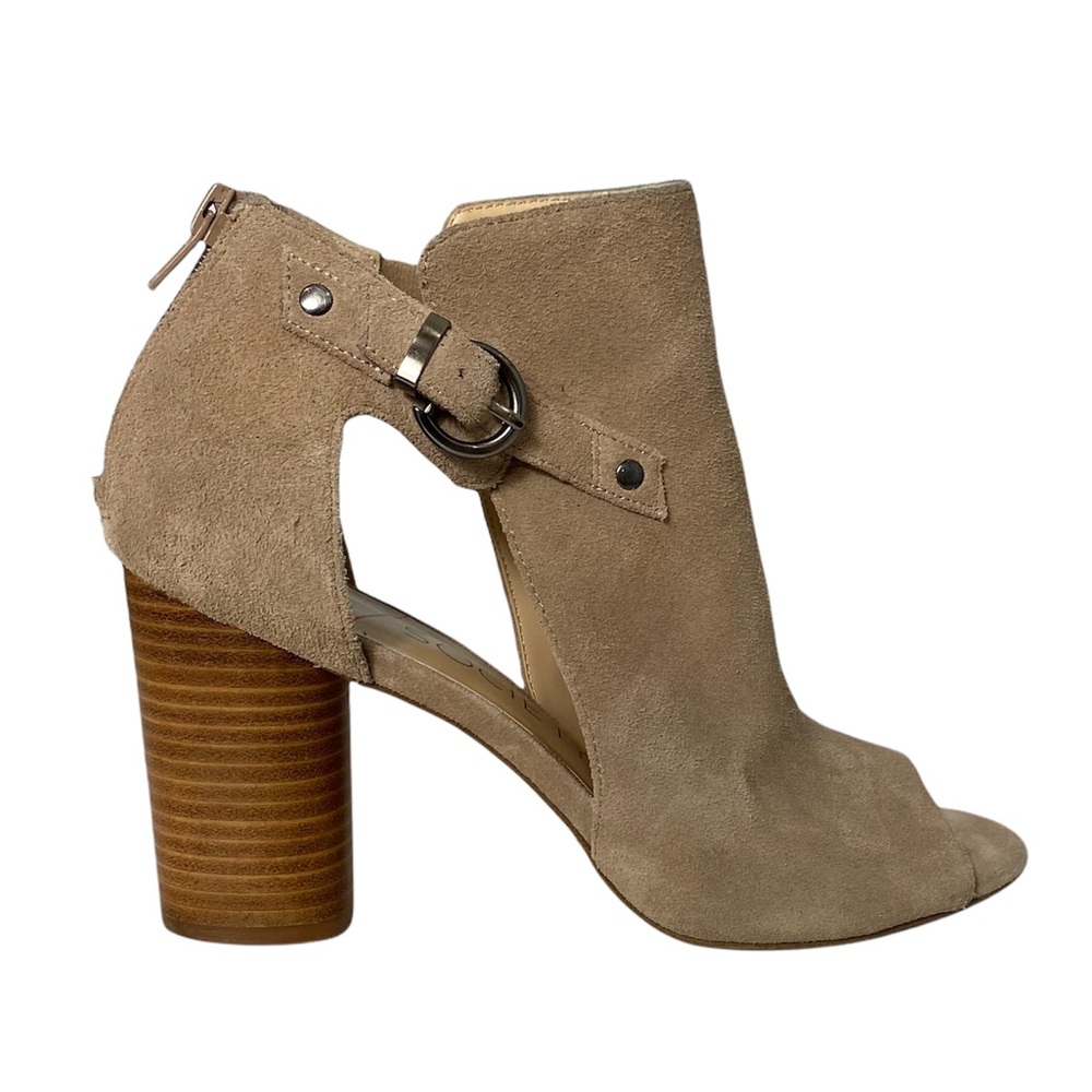 Sole Society Sally Suede Beige Cut-out Column Heel Career Ankle Sandal Shoes 8.5